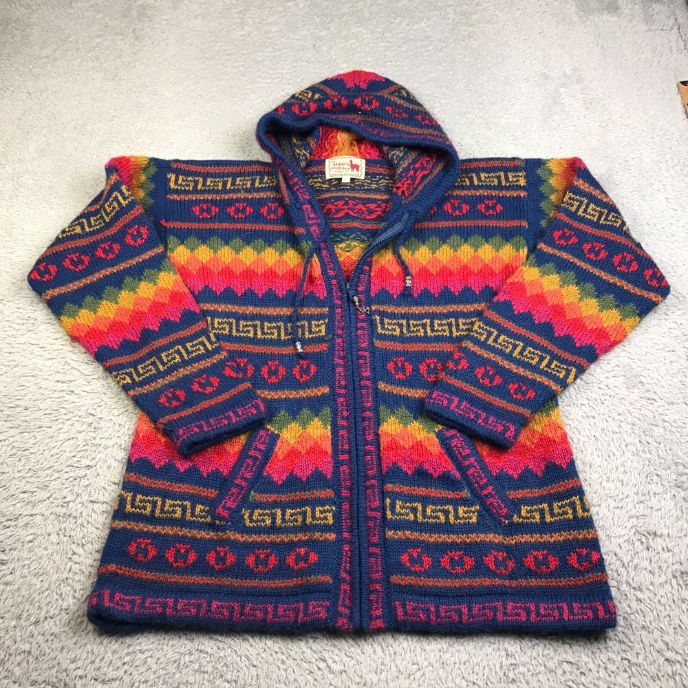 The Alpaca Connection Cardigan Womens XL Rainbow Aztec Wool Knit Full Zip Hoodie